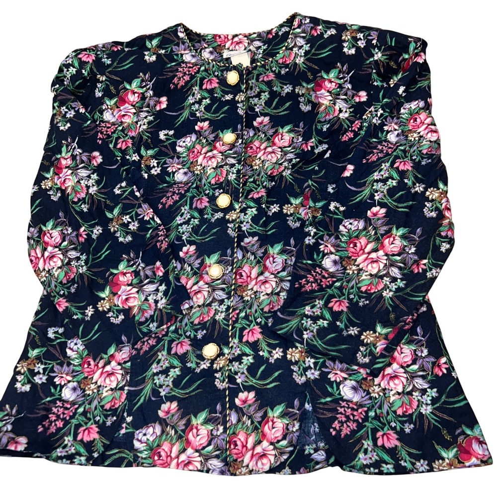 Vintage 80s 90s Good Times Navy Floral Skirt Set Pearl Buttons Size 14 USA - Picture 3 of 13